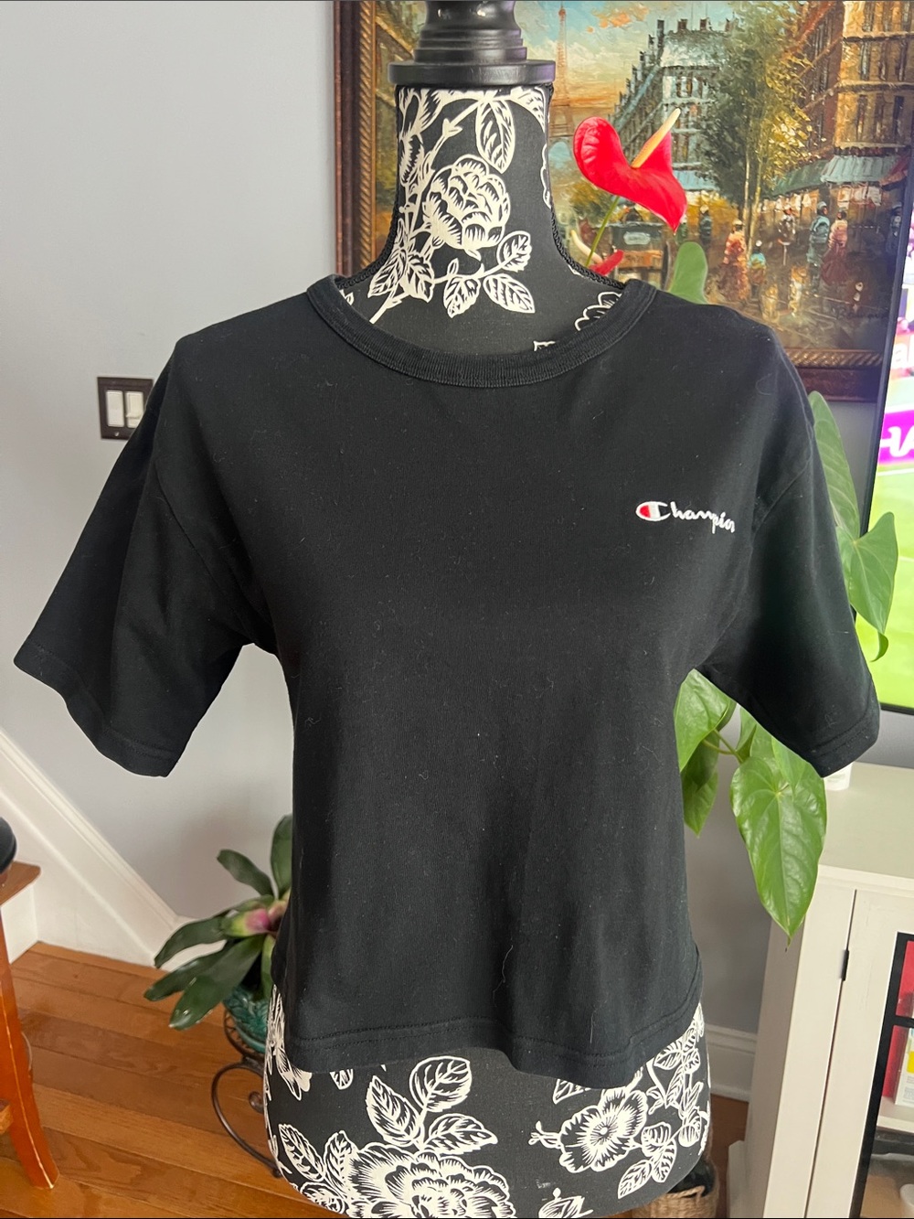Champion Black Crop T-Shirt with Small Chest Logo